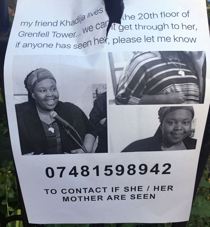 A poster with a picture of Khadija Saye when she was missing, close to the scene of the fire