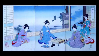 A Japanese scroll shows women playing Go 