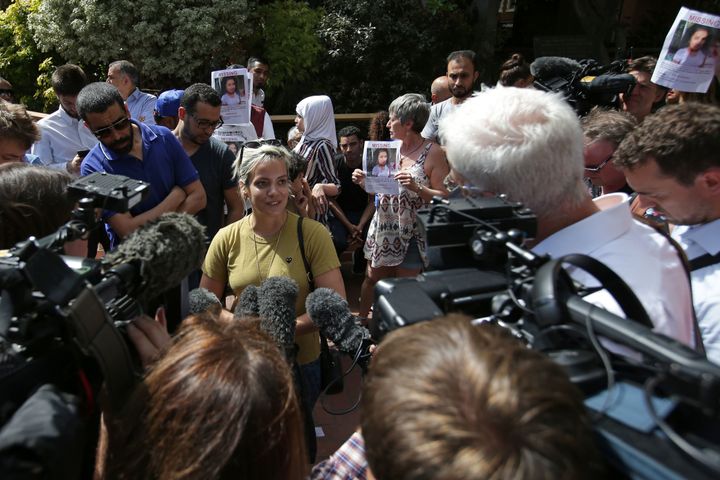 Lily Allen speaking to the media at a protest following the fire 