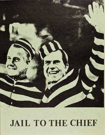 <p>Altering the familiar phrase “Hail to the Chief,” this poster proposed that prison might be a more fitting place than the White House for Vice President Spiro Agnew and President Richard Nixon. Taped conversations proved that Nixon had attempted to influence the police investigation of the Watergate incident.[Jail to the Chief, Vic Dinnerstein and John Jeheber, Offset, Circa 1973, Los Angeles, CA, 4859]</p>