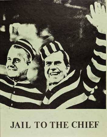 Altering the familiar phrase “Hail to the Chief,” this poster proposed that prison might be a more fitting place than the White House for Vice President Spiro Agnew and President Richard Nixon. Taped conversations proved that Nixon had attempted to influence the police investigation of the Watergate incident.[Jail to the Chief, Vic Dinnerstein and John Jeheber, Offset, Circa 1973, Los Angeles, CA, 4859]