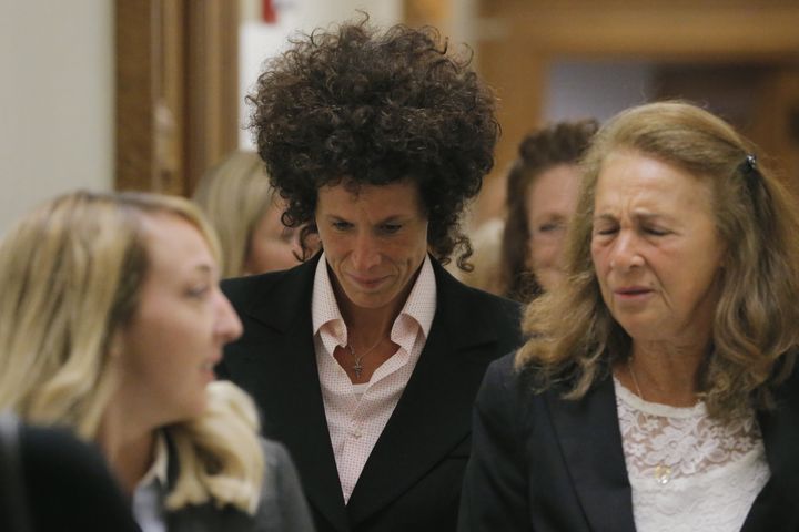 Andrea Constand reacts after leaving the courtroom following the fifth day of deliberations in Bill Cosby's sexual assault trial in Pennsylvania on Friday.