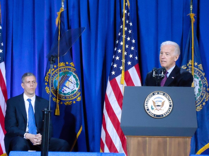 Vice President Joe Biden, flanked by Secretary of Education Secretary Arne Duncan, announced comprehensive guidance to help schools, colleges and universities better understand their obligations under federal civil rights laws to prevent and respond to the problem of campus sexual assault. April 4, 2011, University of New Hampshire in Durham, New Hampshire.