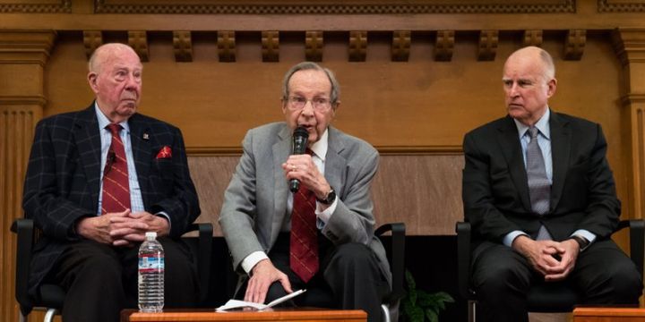 Brown joined forces with former U.S. Secretary of Defense William Perry (speaking) and former U.S. Secretary of State George Shultz for the unveiling of the Bulletin of Atomic Scientists’ Doomsday Clock.