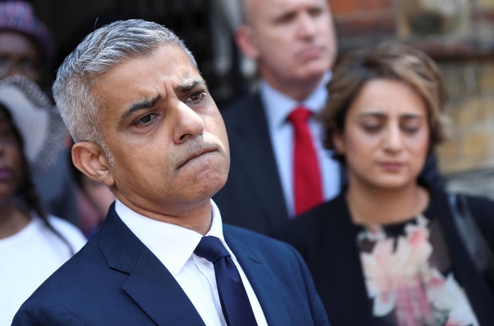 London Mayor Sadiq Khan speaks after meeting victims and volunteers of the Grenfell apartment tower fire at a church in north