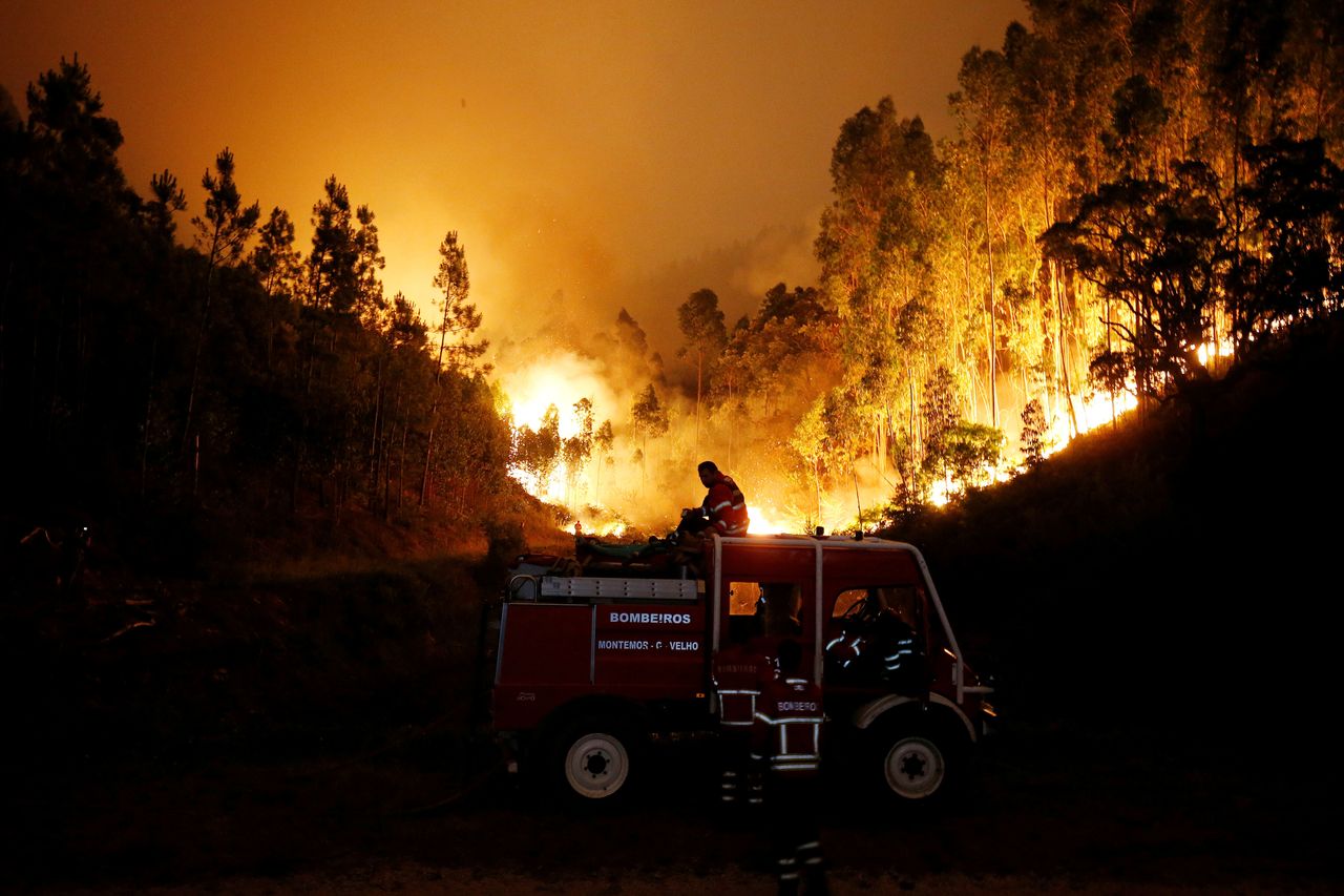 Firefighters work to put out a forest fire near Bouca, in central Portugal, June 18, 2017.