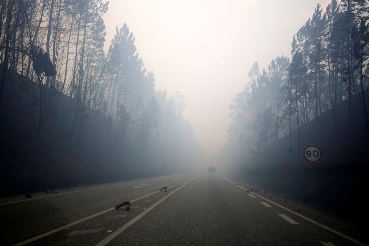 Smoke is seen on the IC8 motorway during a forest fire near Pedrogao Grande.