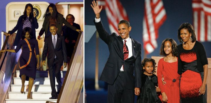The Obama family is seen left in 2016 and right in 2008.