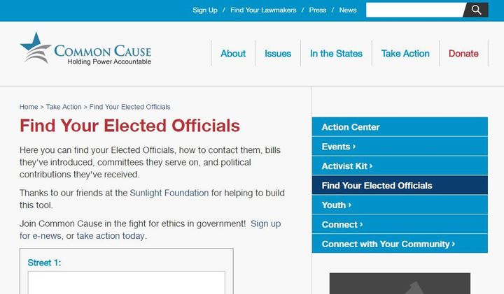 Common Cause website: Type your address into the boxes to find out who your state and federal elected officials are.