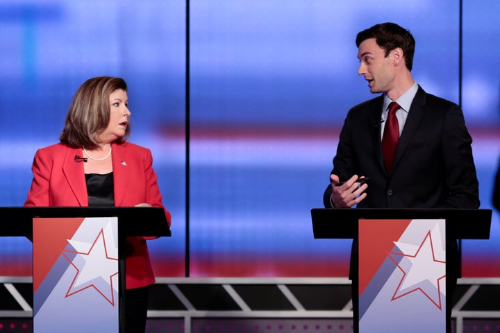 Karen Handel and Jon Ossoff debate earlier this month at a television studio in Atlanta.