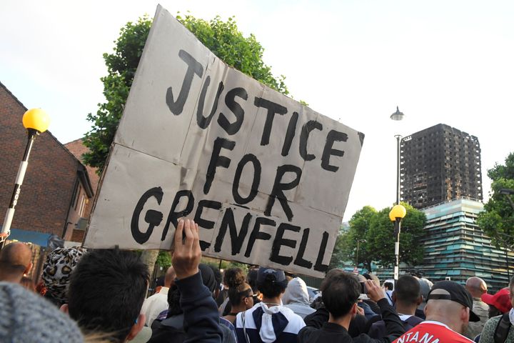 Protesters march towards The Grenfell Tower block that was destroyed by fire