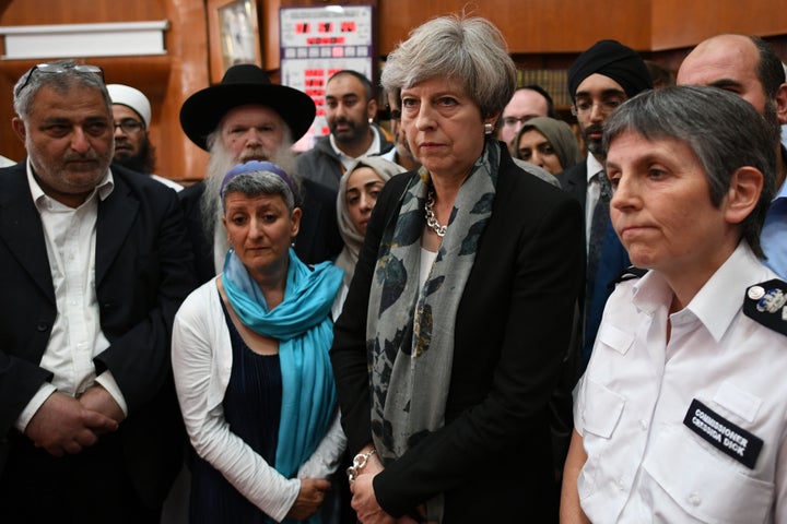 <strong>Theresa May with Met Police Commissioner Cressida Dick at Finsbury Park Mosque after the attack</strong>