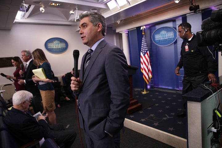 CNN senior White House correspondent Jim Acosta participates in a stand-up shot as he reports after the White House daily briefing on Feb. 7.