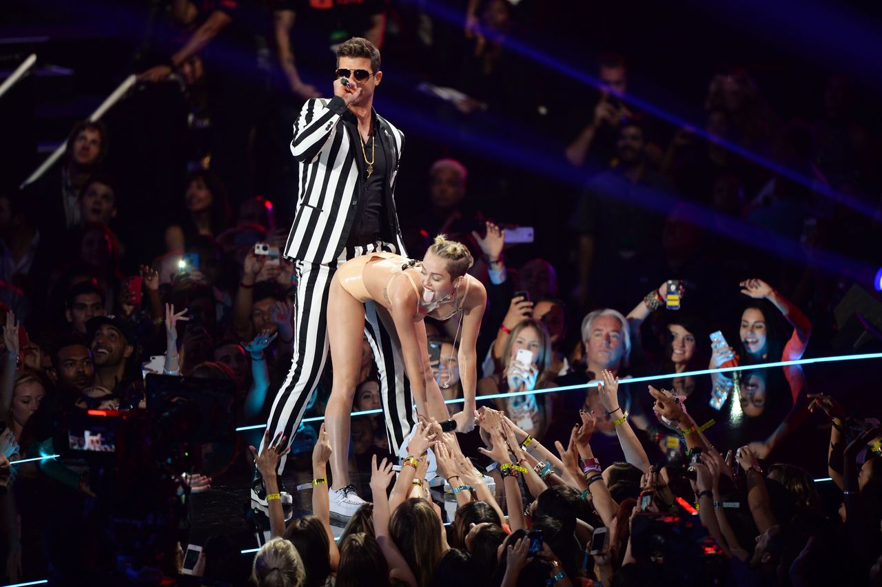 Cyrus performing with Robin Thicke at the 2013 MTV VMAs. 