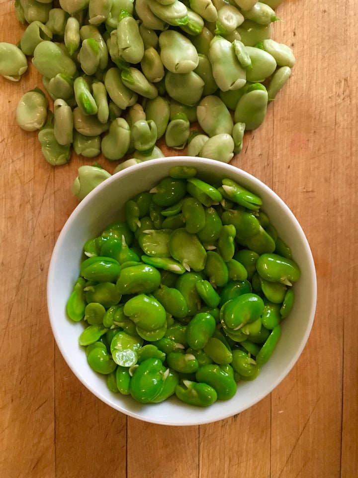 Blanching and peeling the shelled favas is necessary, at least for this dish. It’s relaxing