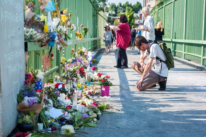 The memorial for the victims of the stabbings at the Portland MAX light rail