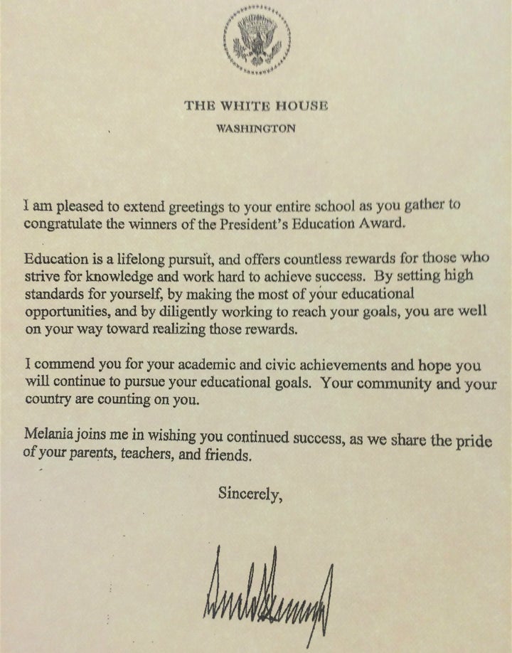 Letter Given to Recipients of President’s Education Awards