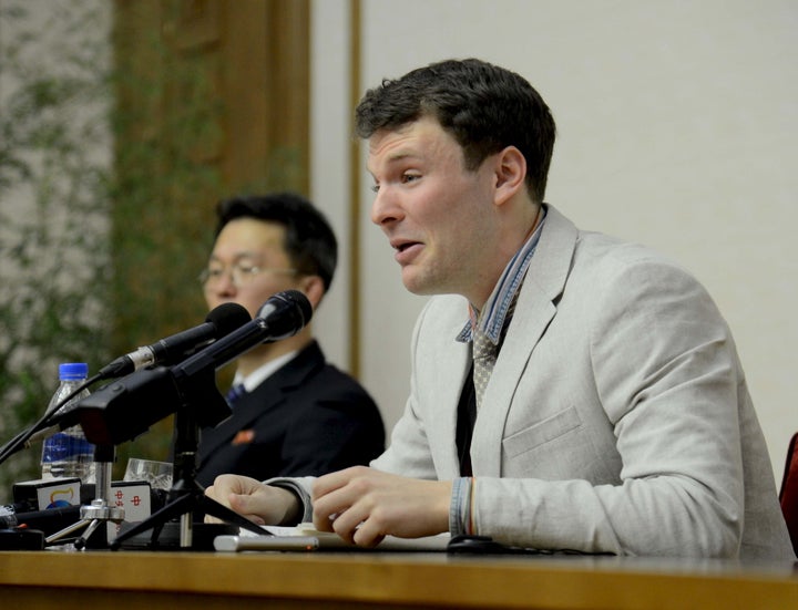 Warmbier speaks at a news conference in this undated photo released by North Korea's Korean Central News Agency (KCNA) in Pyongyang February 29, 2016.