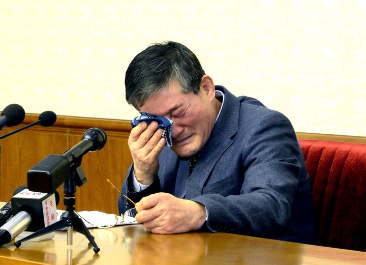 A man who identified himself as Kim Dong-chul attends a news conference in Pyongyang in this undated photo released by North Korea's Korean Central News Agency on March 25, 2016.
