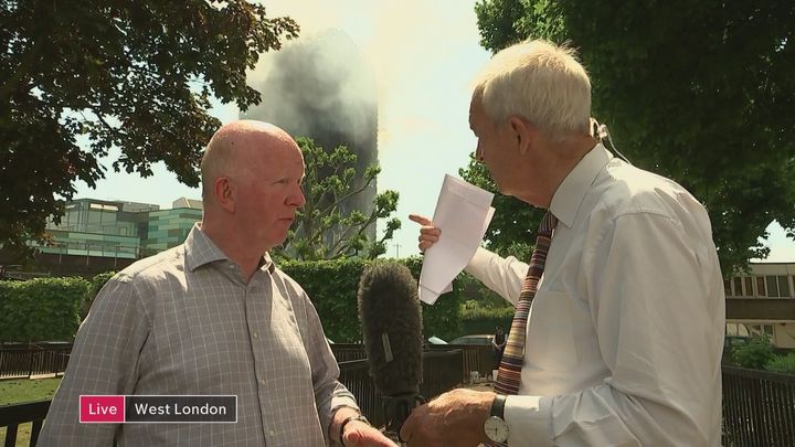 Nick Paget Brown quizzed by Channel 4 News's Jon Snow in front of Grenfell Tower.