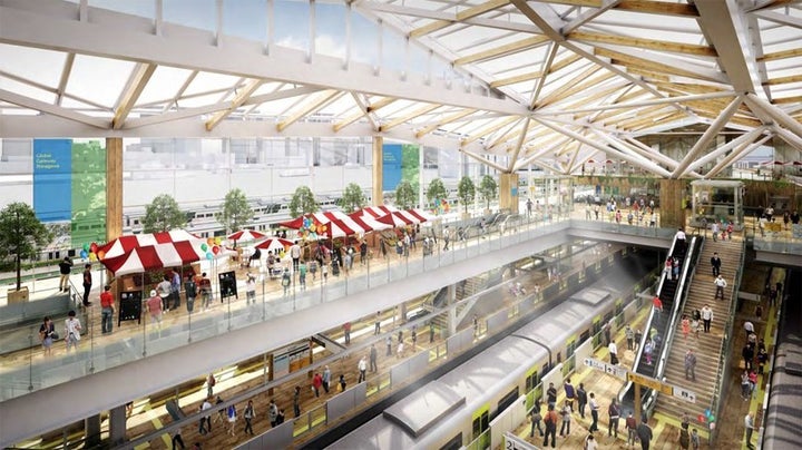 Tokyo's new station, which will be designed by renowned architect Kengo Kuma, will feature a large open ceiling space with wooden pillars.