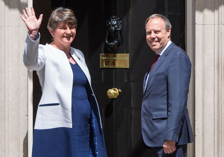 DUP leader Arlene Foster and DUP deputy leader Nigel Dodds arriving at 10 Downing Street in London for talks on a deal to prop up a Tory minority administration