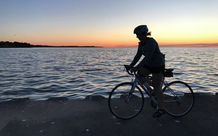 Sunset on the coast of Maine, as the cyclists get ready to end the day’s ride