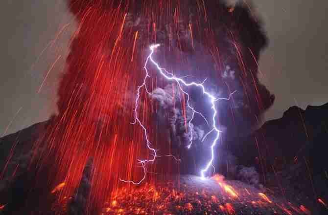 Volcanic lightning strikes during an eruption of Japan’s Sakurajima volcano in February 2013.