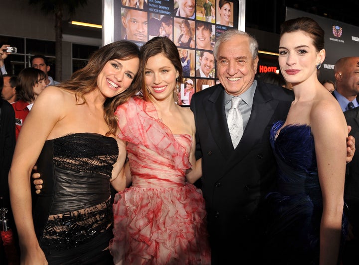 Jennifer Garner, Jessica Biel, Director Garry Marshall and actress Anne Hathaway arrive at the "Valentine's Day" Los Angeles premiere.