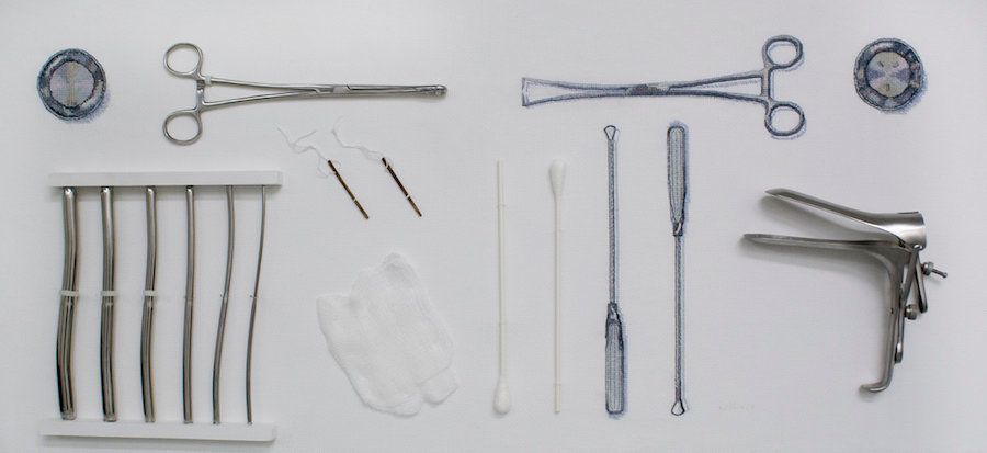 Katrina Majkut, "Surgical Abortion," 2015, Hegar dilators, cotton swab, gauze, ringed forceps, speculum, tenaculum, laminaria, (stitched), currettes (stitched), medicine cups (stitched), wood on cross-stitch fabric, 17 x 37 inches