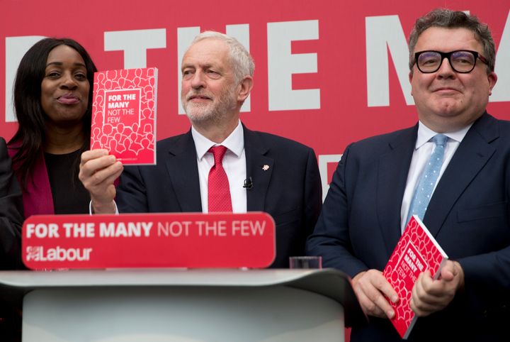 Kate Osamor, Jeremy Corbyn and Tom Watson at Labour's manifesto launch.