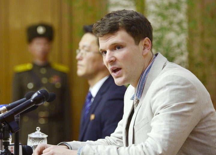 The college student had been detained for allegedly trying to steal a propaganda slogan from his Pyongyang hotel. He was