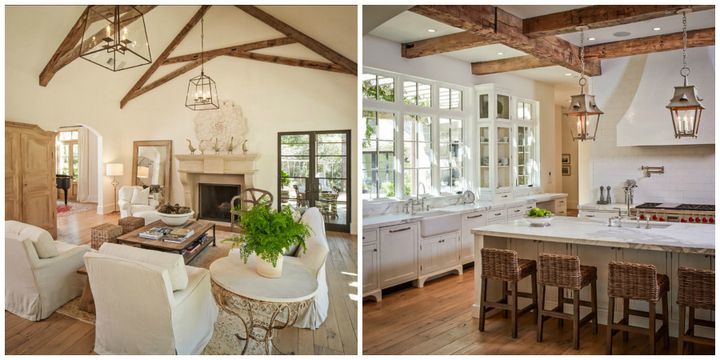 Above, two French farmhouse-inspired spaces in a custom home by Thompson Custom Homes via HomeBunch.