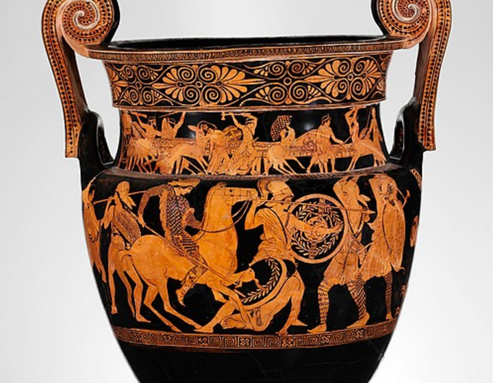 <p>Amazonomachy (amazon war) against the Greeks, terra-cotta; red-figure volute-krater, attributed to the Painter of the Woolly Satyrs, Greek, Attic, 450 B.C., Metropolitan Museum, New York.</p>