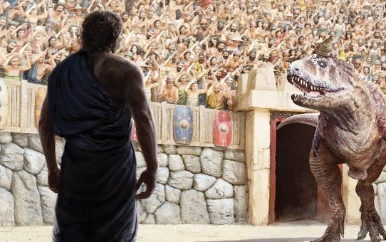 A portion of the cover of <em>Noah: Man of Resolve</em> shows the biblical figure facing a dinosaur.