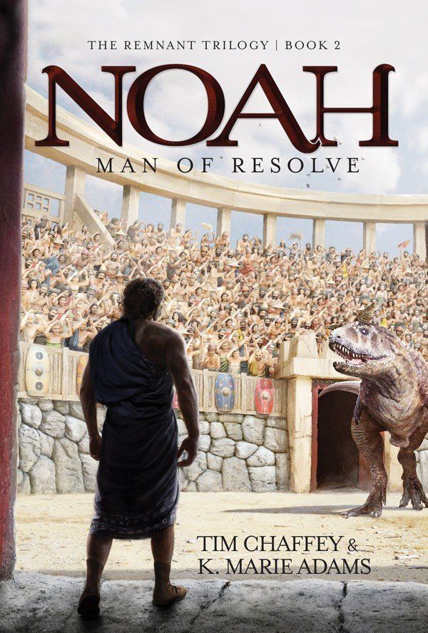 A portion of the cover of Noah: Man of Resolve shows the biblical figure facing a dinosaur. 
