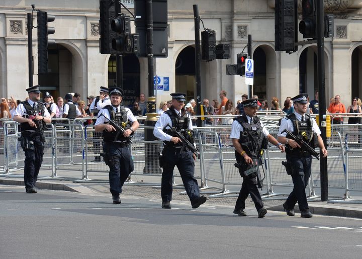 Armed police in Westminster ahead of the State Opening of Parliament, in the House of Lords at the Palace of Westminster in London.