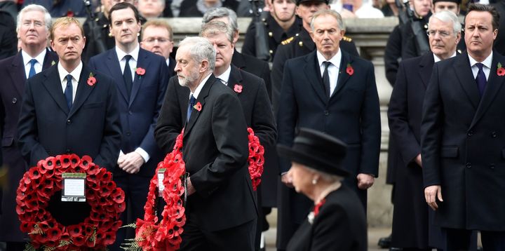 Jeremy Corbyn lays a wreath at the Cenotaph during a Remembrance Day service in 2015, where he was also accused of failing to bow his head