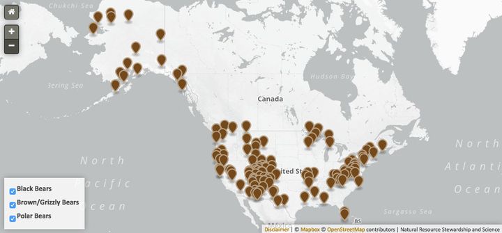 This map shows the national parks where one or more bear species have been reported.
