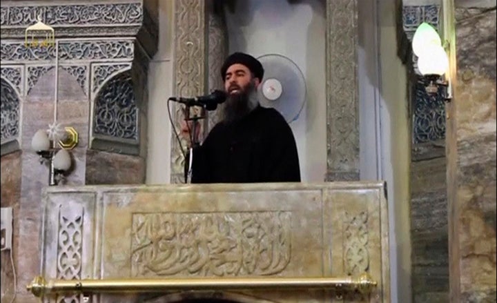 Abu Bakr al-Baghdadi speaks from the Grand al Nuri Mosque in Mosul in June 2014.