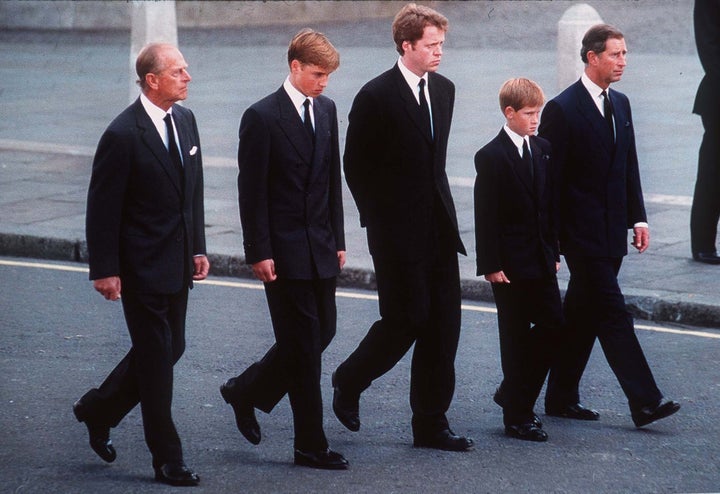 The Duke of Edinburgh, Prince William, Earl Spencer, Prince Harry and the Prince of Wales follow the coffin of Diana, Princess of Wales in September 1997