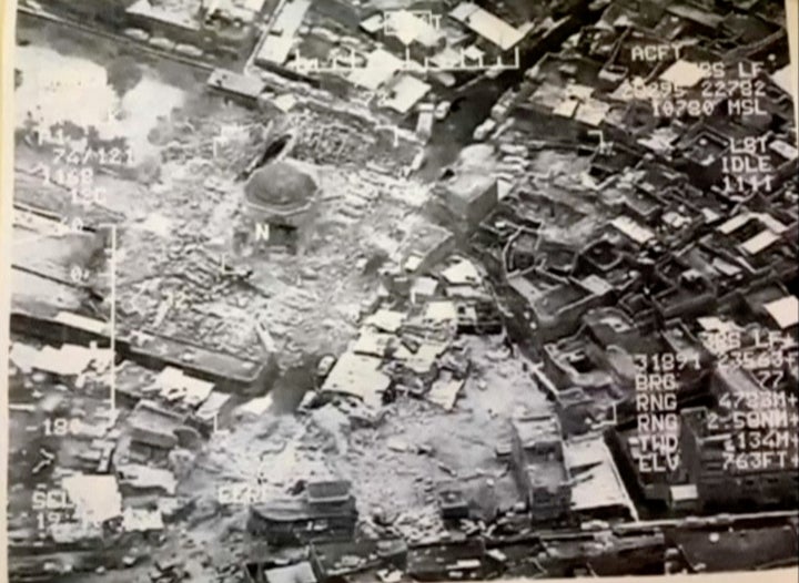 A still image taken from video shows the destroyed Grand al-Nuri Mosque of Mosul in Iraq, June 21, 2017.