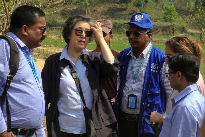 Yanghee Lee (second left), the U.N.’s special rapporteur on the situation of human rights in Myanmar, visits the Balu Khali Rohingya camp in Cox’s Bazar on Feb. 21, 2017.