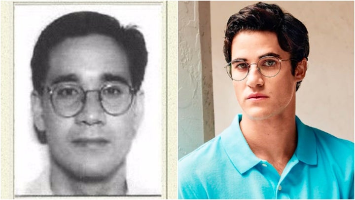 L: Andrew Cunanan appears on a wanted sign for the murder of Gianni Versace. R: Darren Criss as Cunanan.