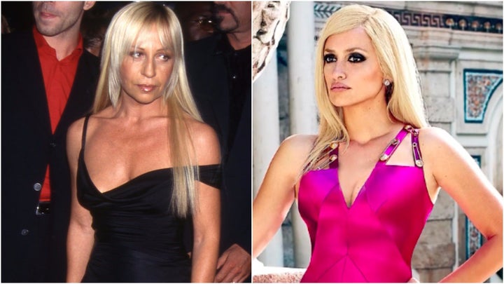 L: Donatella Versace in 1997. R: Penelope Cruz as Donatella Versace.