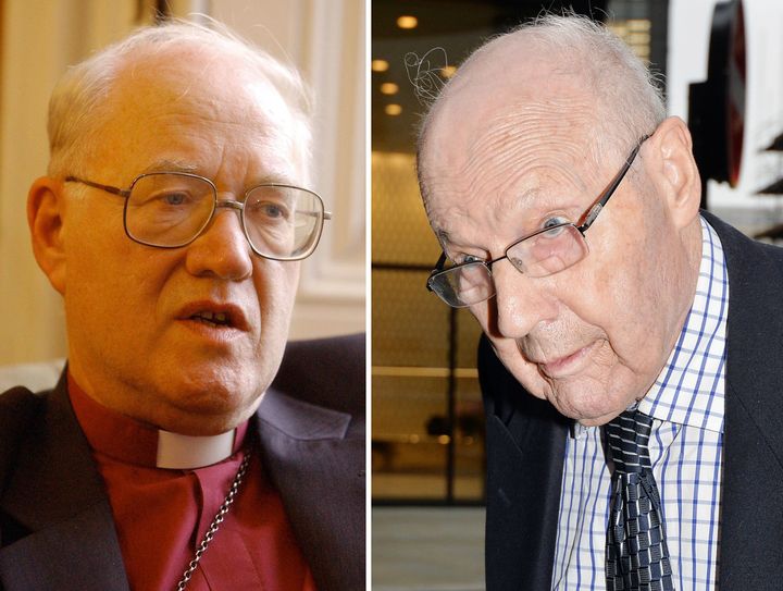 Undated file photos of Lord George Carey, left, and Peter Ball, right. Carey, the former archbishop of Canterbury, reportedly wrote to police in support of Ball, who was being investigated for sex offenses in 1993.