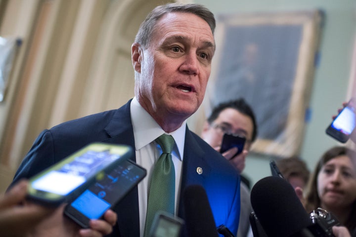 Sen. David Perdue (R-Ga.) talks with reporters on May 16. 