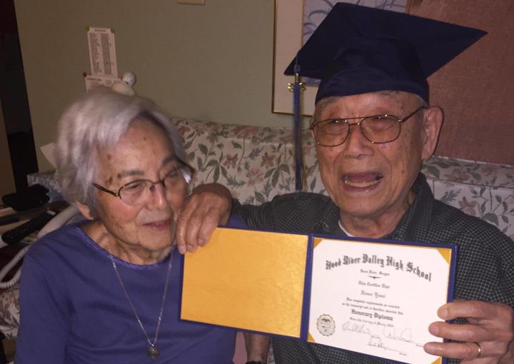 My grandfather, Homer Yasui, shows off his diploma as my grandmother, Miki Yasui, looks on.