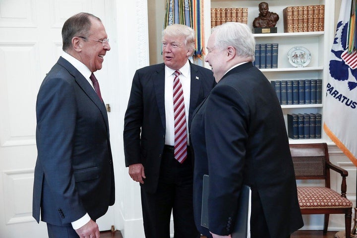 President Donald Trump and Russia Foreign Minister Sergei Lavrov meet at the Oval Office on May 10. (Photo by Russia Foreign