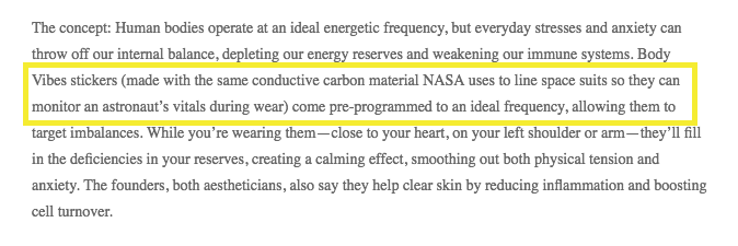 The original post on Goop.com claimed the stickers were made with a "material NASA uses to line space suits so they can monitor an astronaut’s vitals during wear."